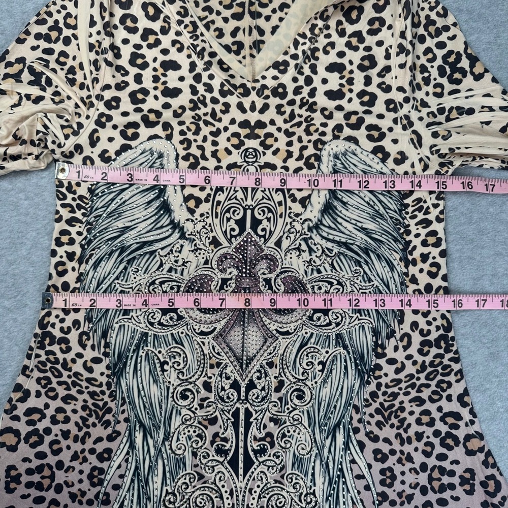 Leopard Print Tunic Top Size M Rhinestone Angel Wing Fleur-de-lis Sharkbite Y2K - Picture 5 of 9